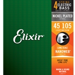 14077 Elixir® Strings Nickel Plated Steel 4-String Bass Strings w NANOWEB® Coating, Long Scale, Light/Medium (.045-.105)