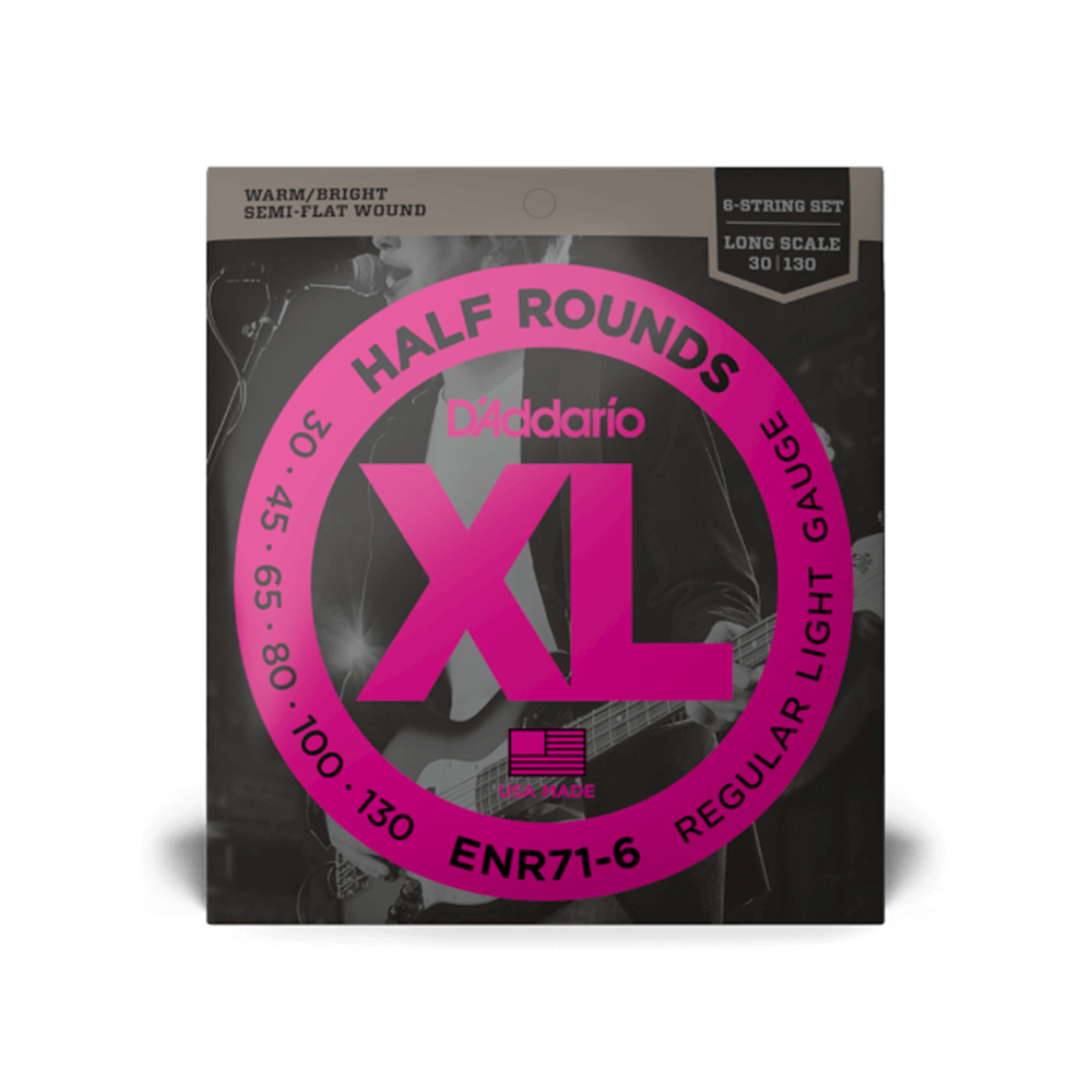 D'Addario ENR71-6 6-String Half Round Bass Guitar String Set, Long Scale XL, 30-130 Regular Light