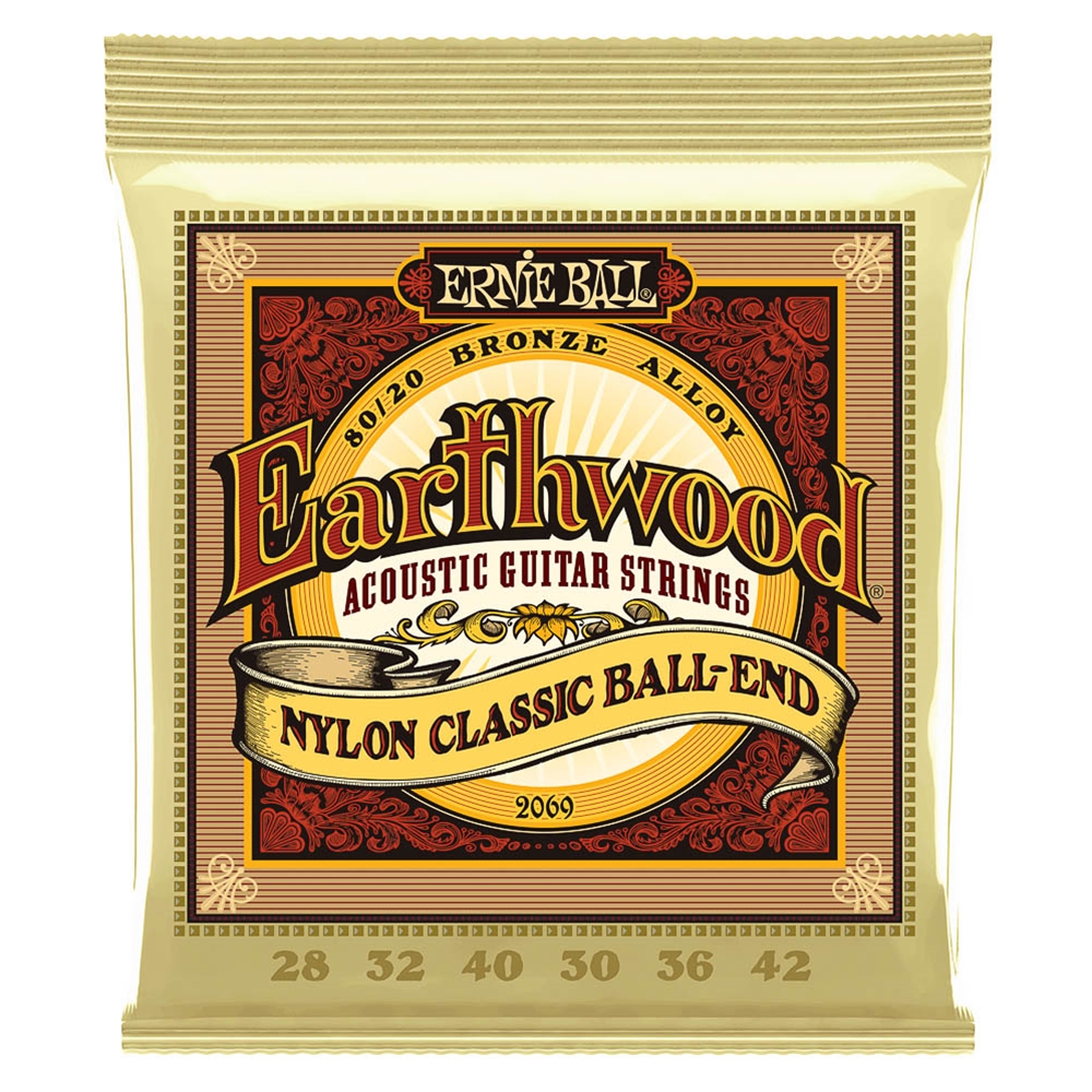 Ernie Ball 2069 Earthwood Folk Nylon, Clear & Gold Ball End, 80/20 Bronze Acoustic Guitar Strings 28-42