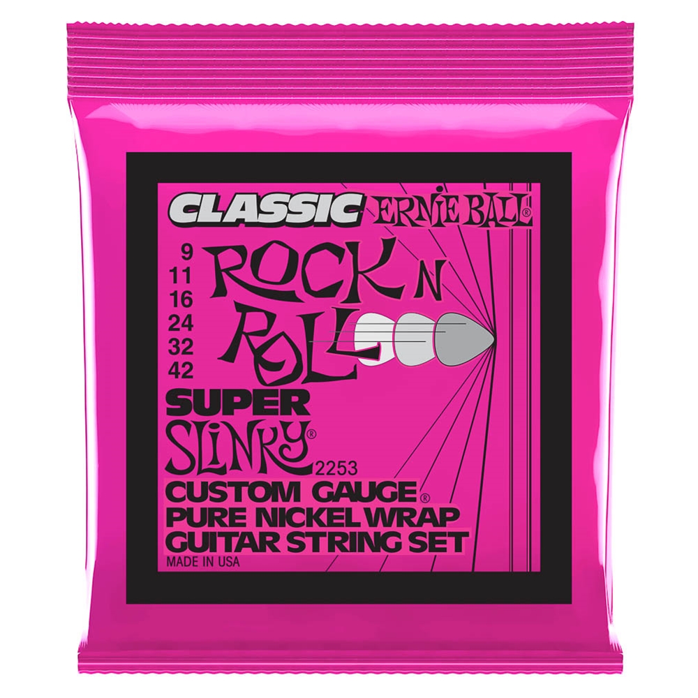 Ernie Ball 2253 Super Slinky Classic Rock N Roll Pure Nickel Wrap Electric Guitar Strings 9-42