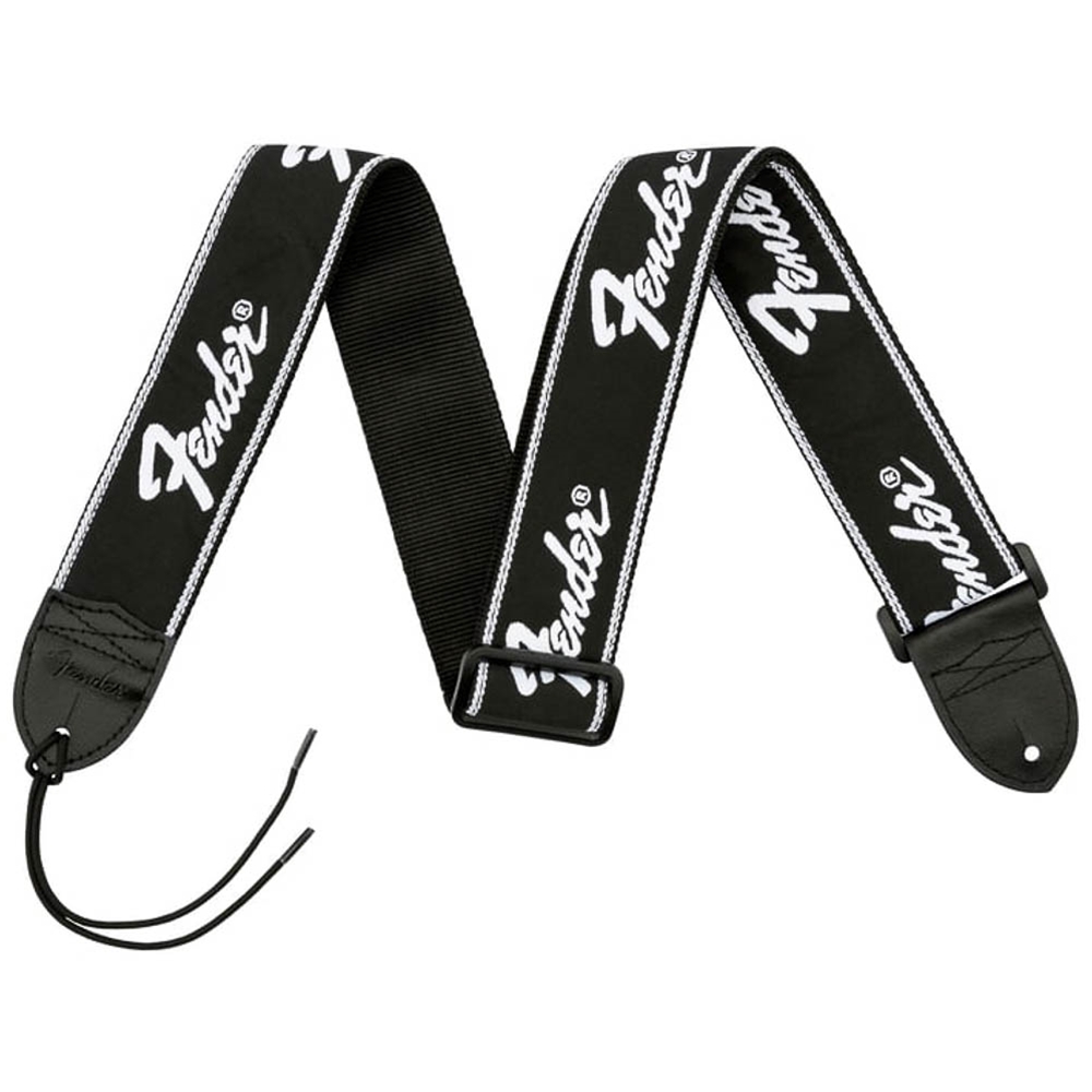 Fender 0990671000 Running Logo Guitar Strap - Black/White Logo - 2"