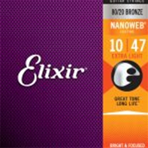 11002 Elixir® Strings 80/20 Bronze Acoustic Guitar Strings w NANOWEB® Coating, Extra Light (.010-.047)