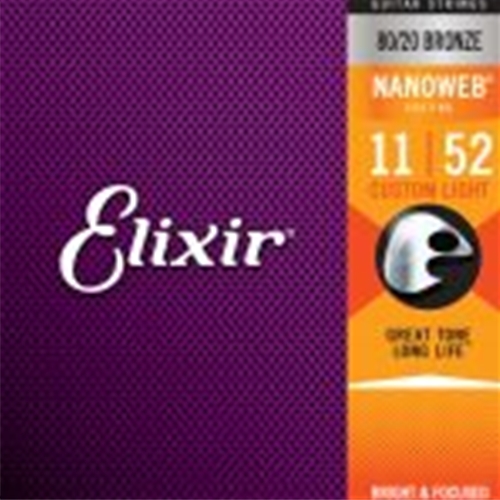 11027 Elixir® Strings 80/20 Bronze Acoustic Guitar Strings w NANOWEB® Coating, Custom Light (.011-.052)