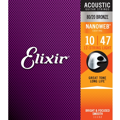 11152 Elixir® Strings 80/20 Bronze 12-String Acoustic Guitar Strings w NANOWEB® Coating, Light (.010-.047)