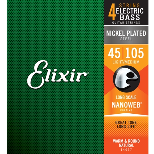 14077 Elixir® Strings Nickel Plated Steel 4-String Bass Strings w NANOWEB® Coating, Long Scale, Light/Medium (.045-.105)