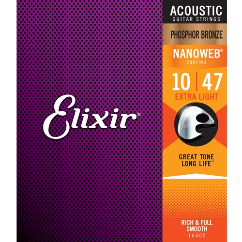 Elixir 16002 Phosphor Bronze Acoustic Guitar Strings w/NANOWEB® Coating, Extra Light (.010-.047)