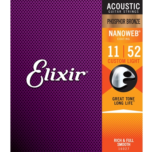 Elixir 16027 Phosphor Bronze Acoustic Guitar Strings w/NANOWEB® Coating, Custom Light (.011-.052)