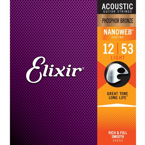 16052 Elixir® Strings Phosphor Bronze Acoustic Guitar Strings w NANOWEB® Coating, Light (.012-.053)