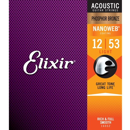 Elixir 16052 Phosphor Bronze Acoustic Guitar Strings w/NANOWEB® Coating, Light (.012-.053)