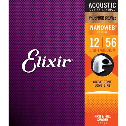 Elixir 16077 Phosphor Bronze Acoustic Guitar Strings w/NANOWEB® Coating, Light/Medium (.012-.056)