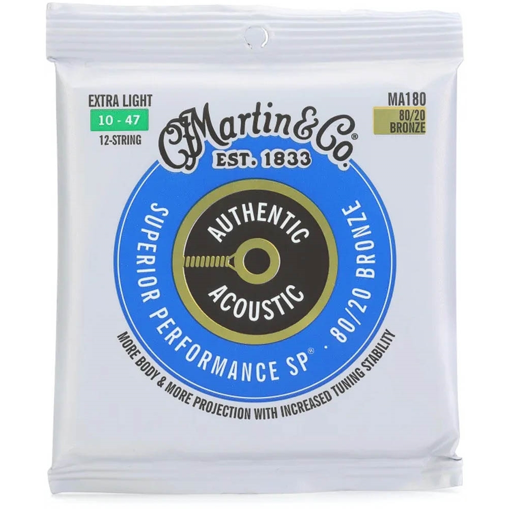 Martin MA180 Authentic Guitar String Set, 12 String, Extra Light, 80/20