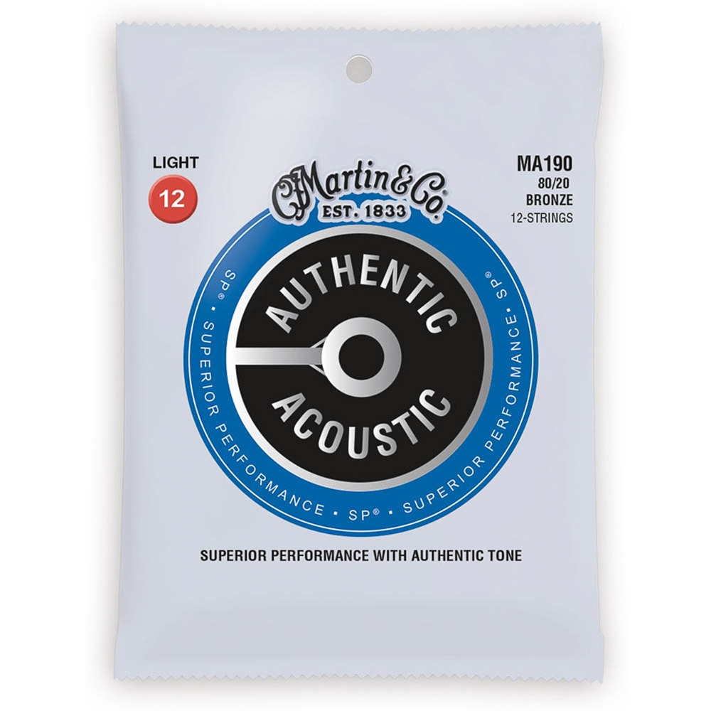 Martin MA190 Authentic Guitar String Set, 12 String, Light, 80/20