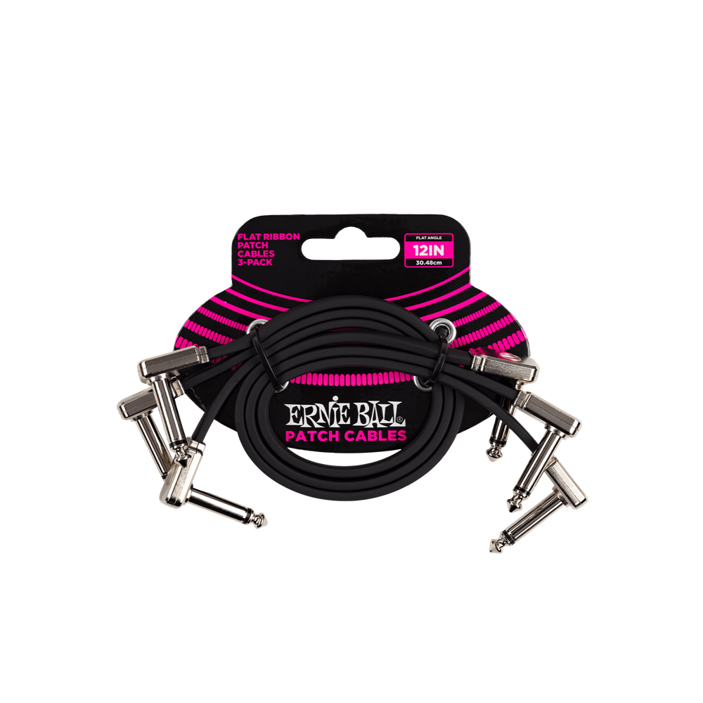Ernie Ball P06222 12" Flat Ribbon Patch Cable 3-Pack -Black
