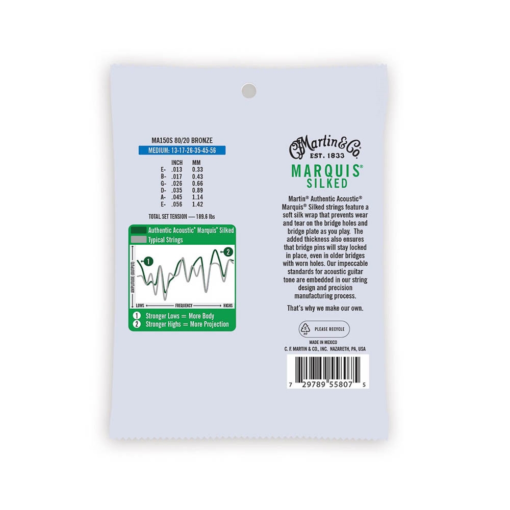 Martin MA150S Authentic Silked Guitar String Set, Medium, 80/20 Bronze