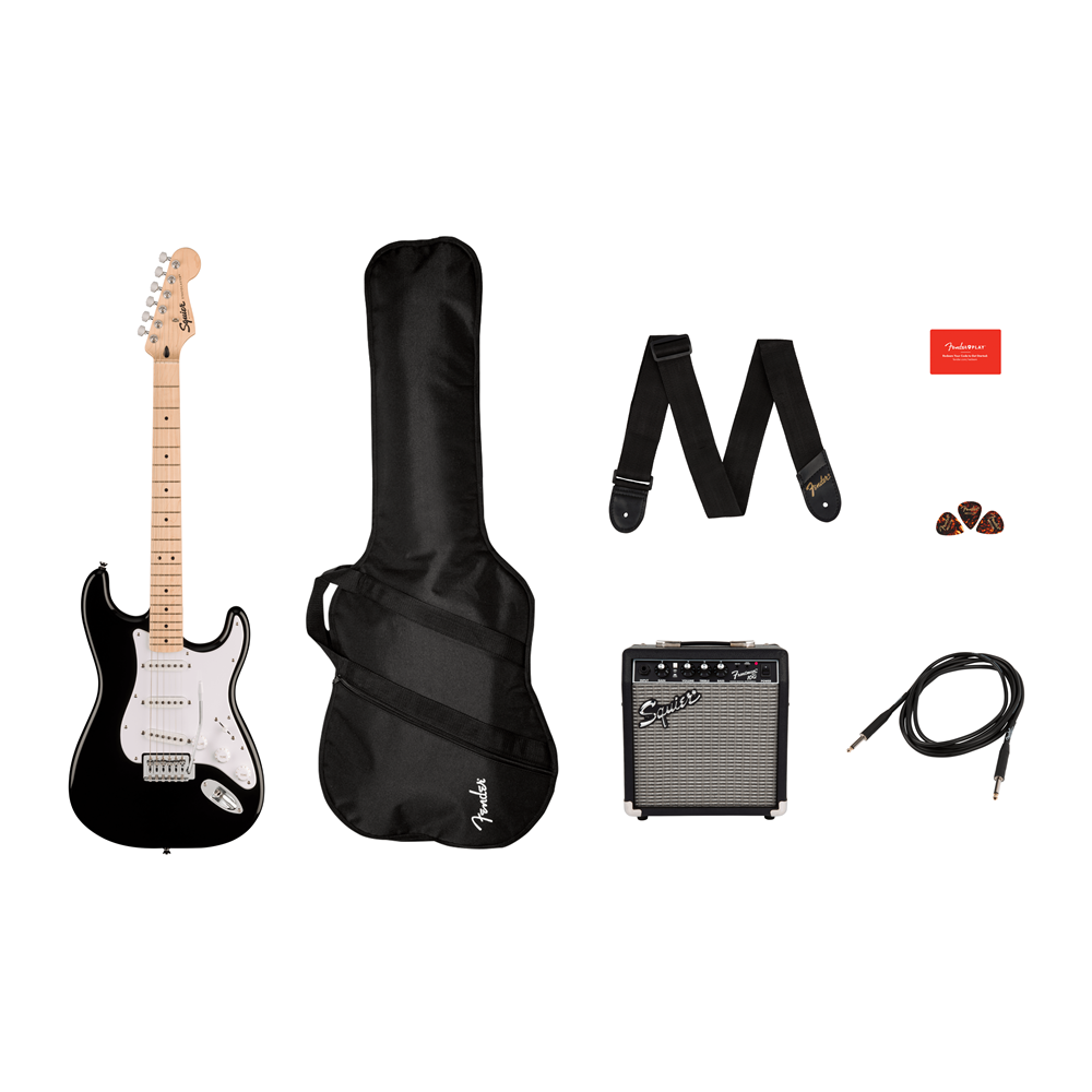 0371720406 Squier Sonic® Stratocaster® Pack, Maple Fingerboard, Black, w/Gig Bag, Amp, Cable, Strap, Picks