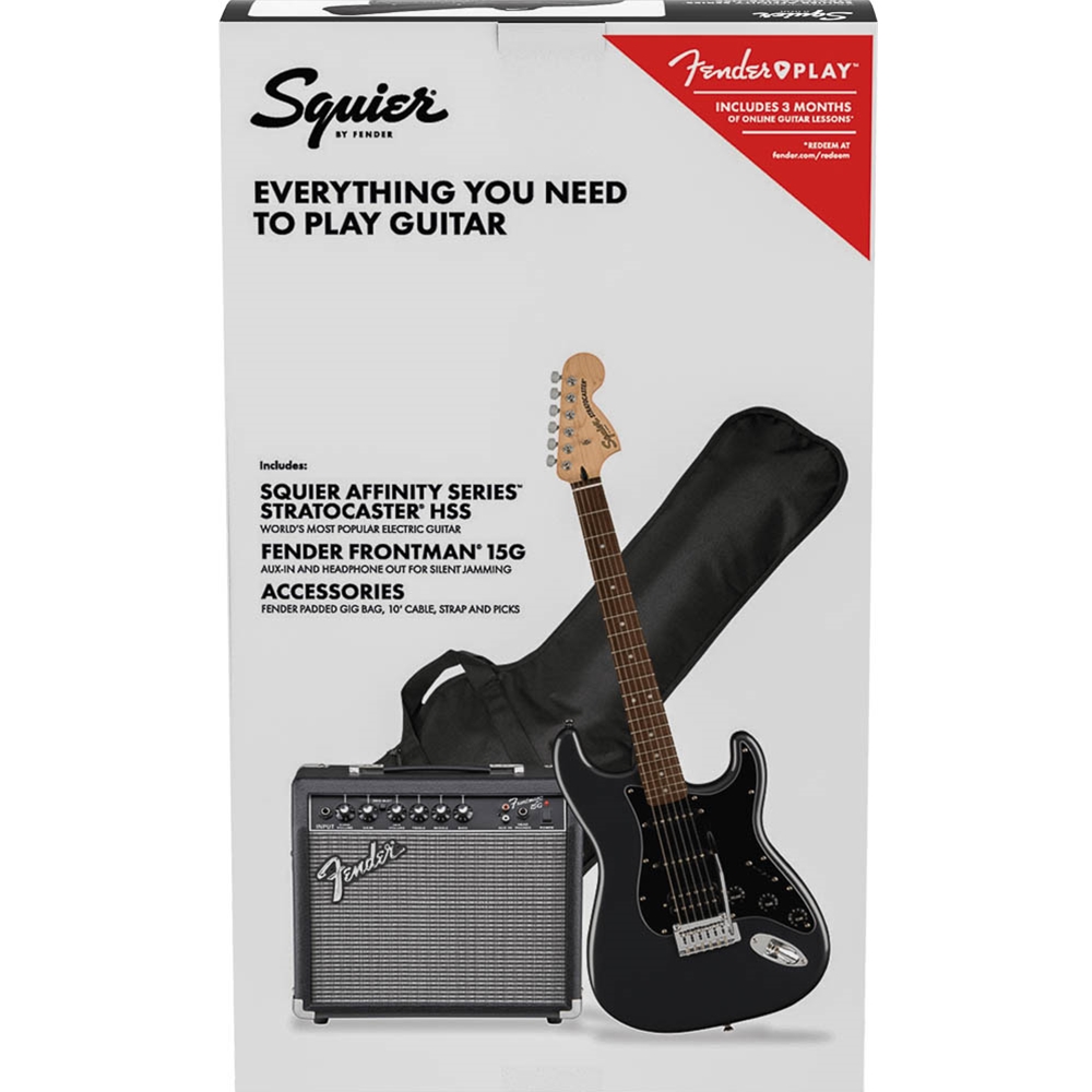 Squier 0372821069 Affinity Series Stratocaster Electric Guitar HSS Pack w/Padded Gig Bag, Charcoal Frost Metallic