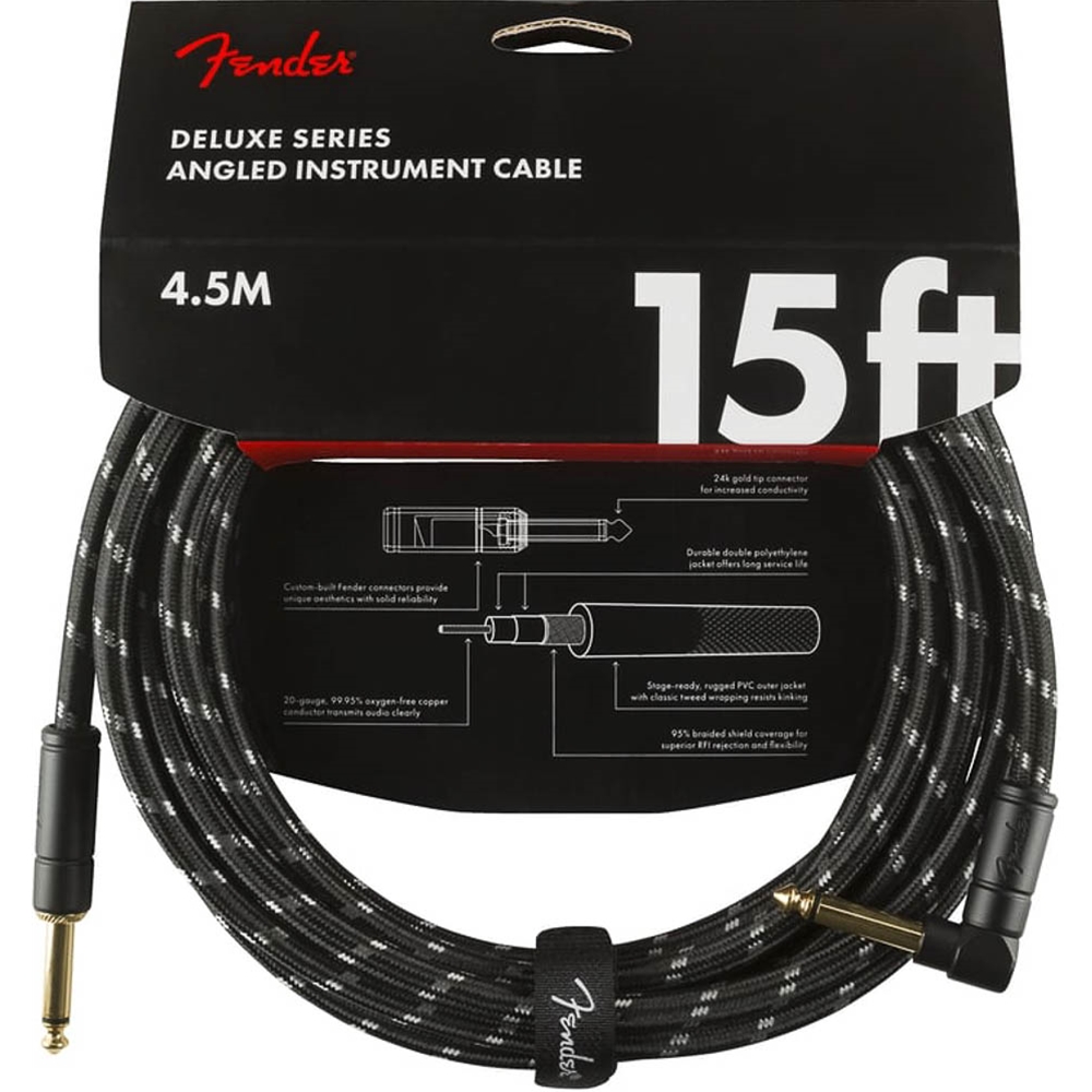 Fender 0990820085 Deluxe Series Instrument Cable - Straight/Angle - 15' Black Tweed
