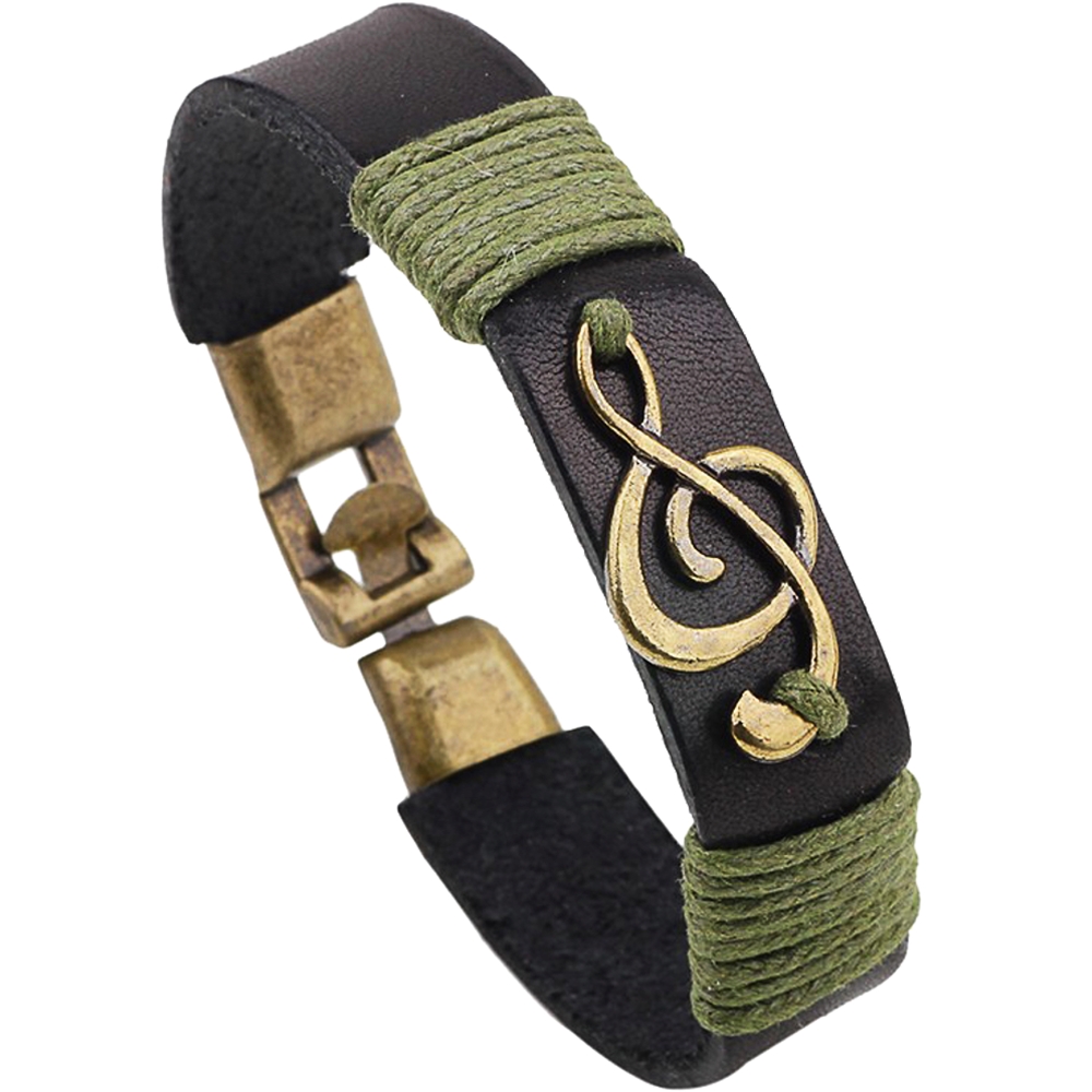 AM Gifts  MUBR2 Black/Green/Gold Colored G-Clef Leather Bracelet