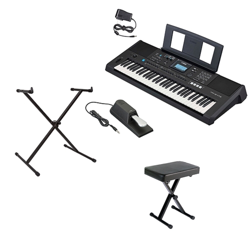 NW Music PSRE473PKGDLX 61-Key Portable Keyboard with Deluxe Pedal, X-Stand & Bench