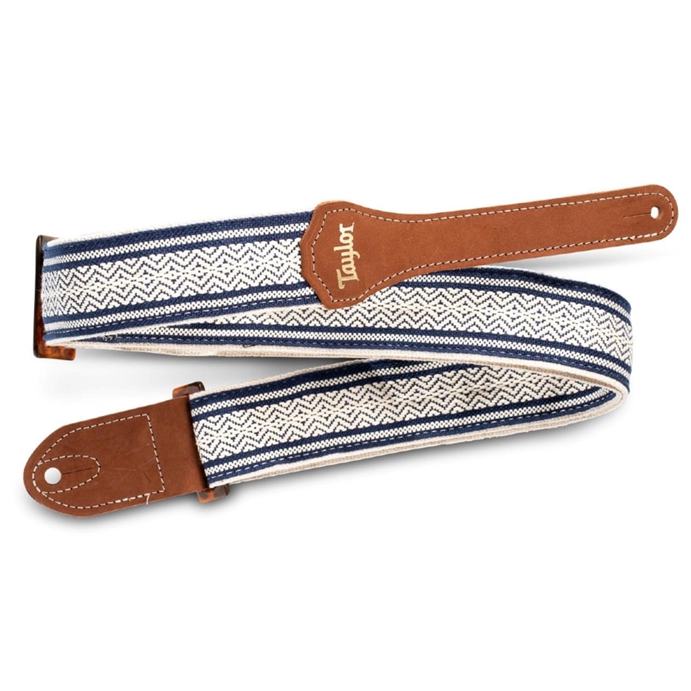 Taylor  4016-20 Academy Guitar / Bass Strap, White/Blue Jacquard Cotton w/ Amber Buckle, 2"