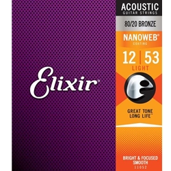 Elixir 11052E 80/20 Bronze Acoustic Guitar Strings w NANOWEB® Coating, Light (.012-.053)